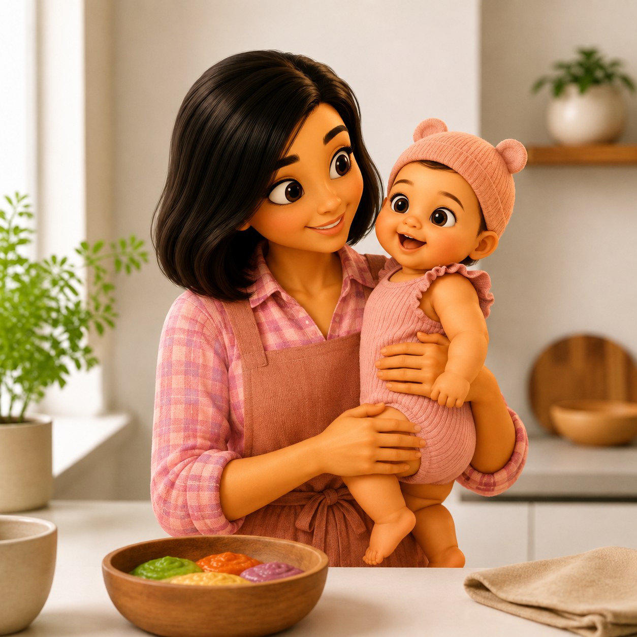 Mãe segurando seu bebê na cozinha, com uma tigela de papinhas coloridas