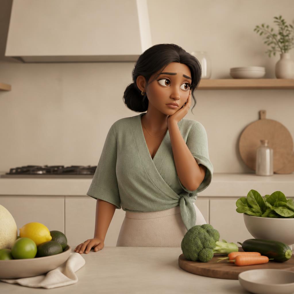 Mãe na cozinha organizando os ingredientes da refeição do bebê