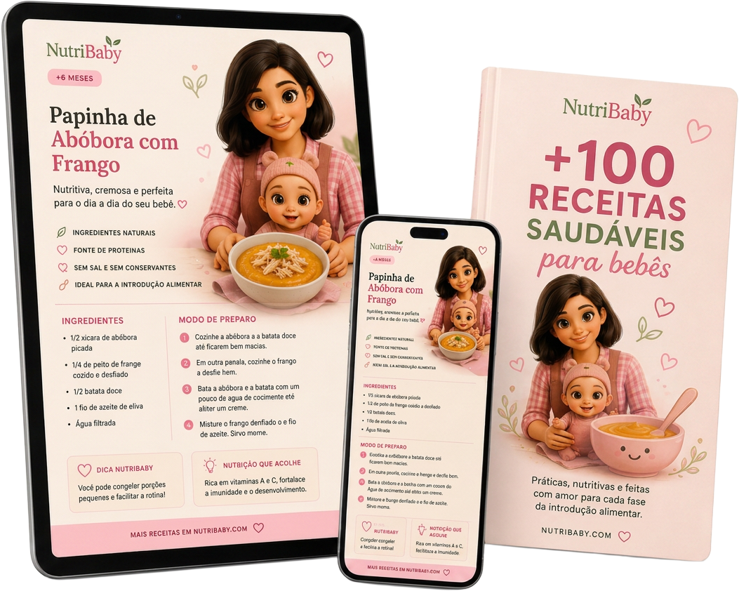 Mockup do NutriBaby em tablet, celular e capa do e-book