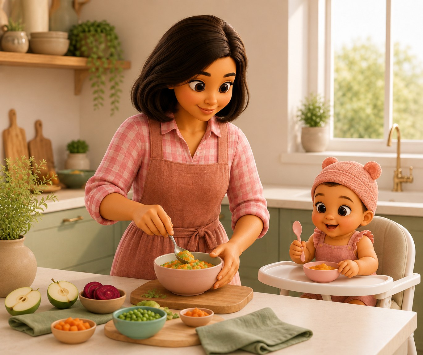 Mãe tranquila preparando uma refeição enquanto o bebê está por perto